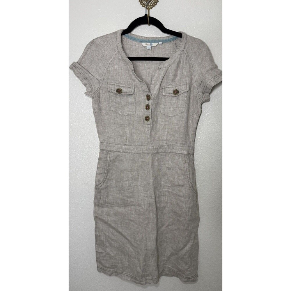 Boden Linen Herringbone Utility Beige Dress Short Sleeve Button Pockets Size 4R